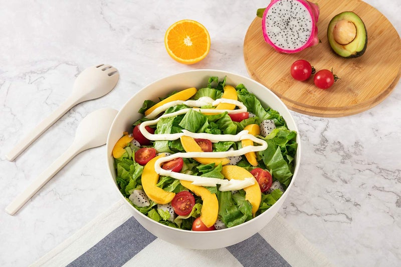 GEHE Bamboo Salad Bowl with Servers Set - Large 9.8 inches mixing bowls Solid Bamboo Salad Wooden Bowl with Bamboo Lid Spoon for Fruits Salads and Decoration (White  9.8INCH) - Image 2