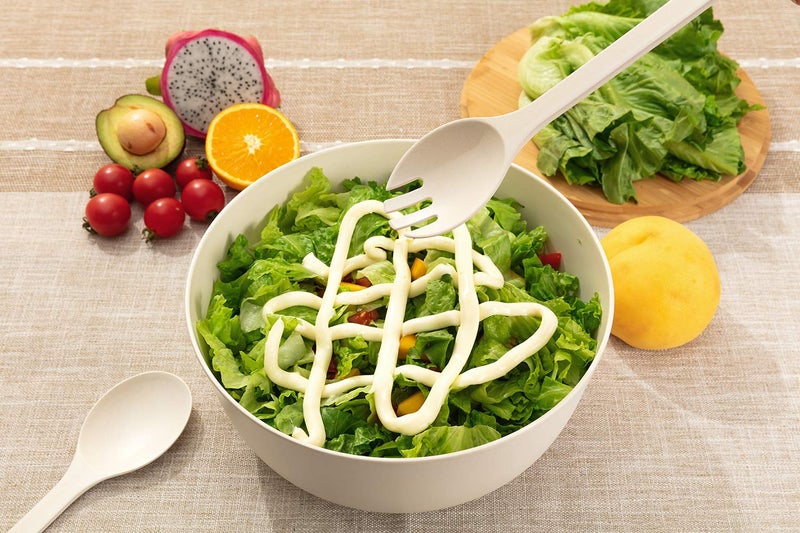 GEHE Bamboo Salad Bowl with Servers Set - Large 9.8 inches mixing bowls Solid Bamboo Salad Wooden Bowl with Bamboo Lid Spoon for Fruits Salads and Decoration (White  9.8INCH) - Image 3