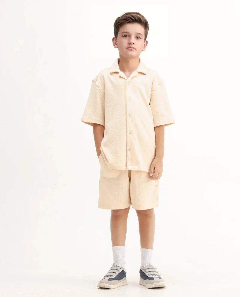 رير ونز Rare Ones Kids Vask Beige Cotton Solid Button Closure Regular Fit Shirt