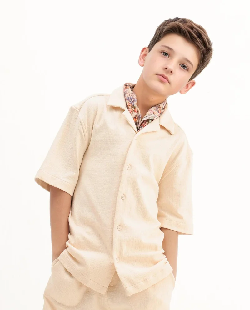 رير ونز Rare Ones Kids Vask Beige Cotton Solid Button Closure Regular Fit Shirt