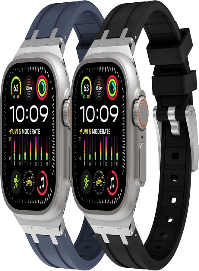 WINGLE WINGLE 2 Pack for Apple Watch Ultra 2 Band 49mm 45mm 44mm 42mm for Men, Liquid Silicone AP Rubber Bands for iWatch Ultra/Ultra 2 Series 9 8 7 6 5 4 SE Luxury Design with Stainless Steel Adapter 