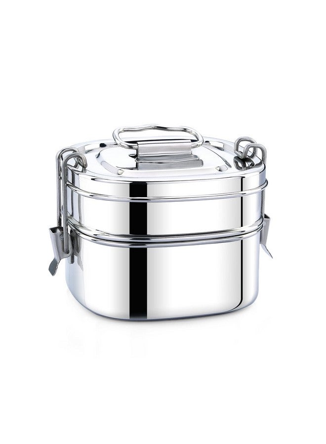 Expresso - Square Shape Stainless Steel Food Grade Lunch Box | Traditional Tiffin Carrier/Container for School/Office, Dia 13cm | 2 Tier - Image 1