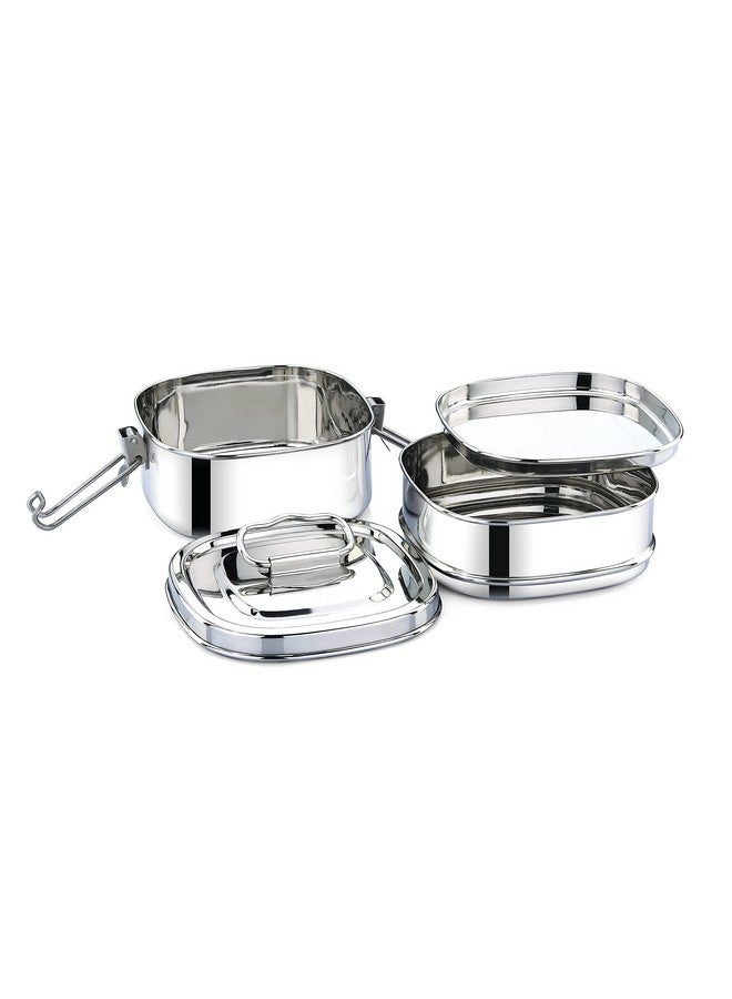 Expresso - Square Shape Stainless Steel Food Grade Lunch Box | Traditional Tiffin Carrier/Container for School/Office, Dia 13cm | 2 Tier - Image 2