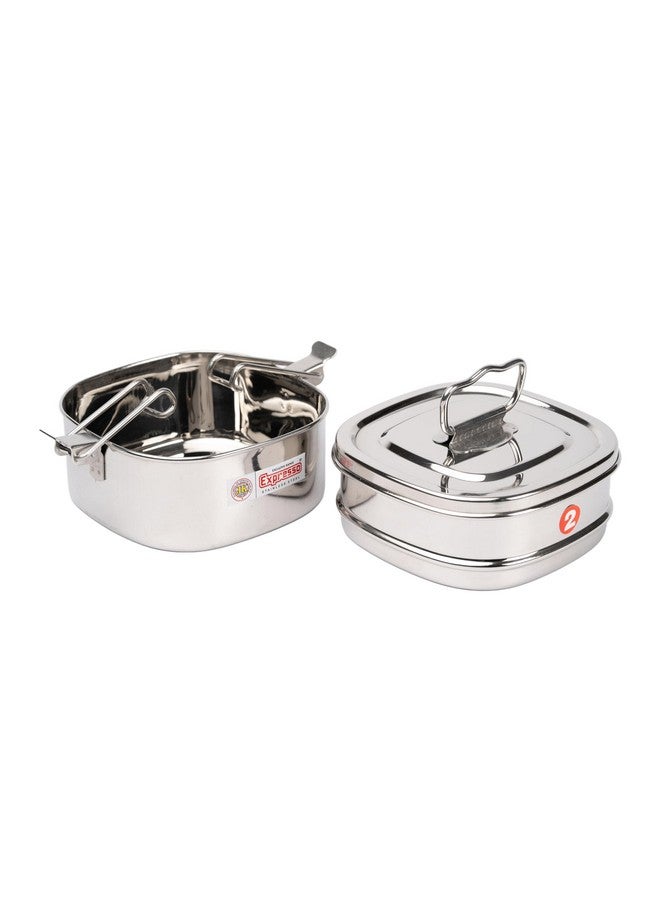 Expresso - Square Shape Stainless Steel Food Grade Lunch Box | Traditional Tiffin Carrier/Container for School/Office, Dia 13cm | 2 Tier - Image 4