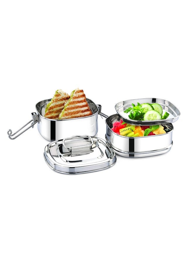 Expresso - Square Shape Stainless Steel Food Grade Lunch Box | Traditional Tiffin Carrier/Container for School/Office, Dia 13cm | 2 Tier - Image 3