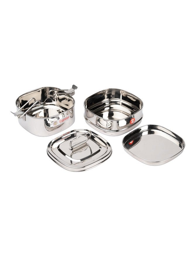 Expresso - Square Shape Stainless Steel Food Grade Lunch Box | Traditional Tiffin Carrier/Container for School/Office, Dia 13cm | 2 Tier - Image 5