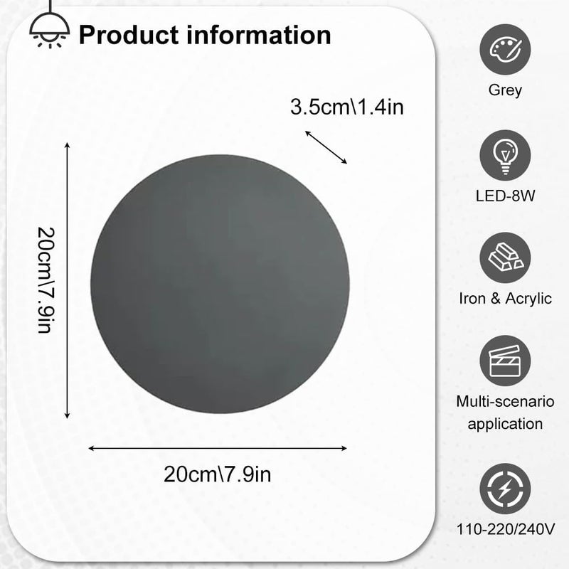 Nordic Round Wall Light LED Sconce Lighting Fixture Indoor Wash Lamp, Hardwired Sconces Living Room Bedroom Decor Mount Lights Home Lamps, 3000K (Gray Dia) - Image 5