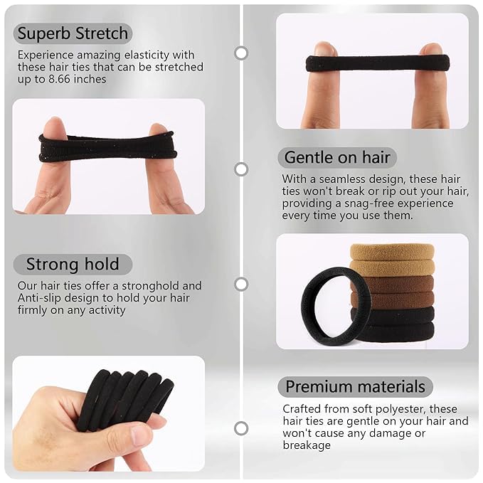 RIANZ Pack of 10 Black No Damage Hair Ties for Women Thick Hair, Large Soft Seamless Nylon Fabric Elastic Hair bands Ponytail Hair Holders Hair Elastics Band for Girls (Black Pack of 10 - Thin Design) - Image 4