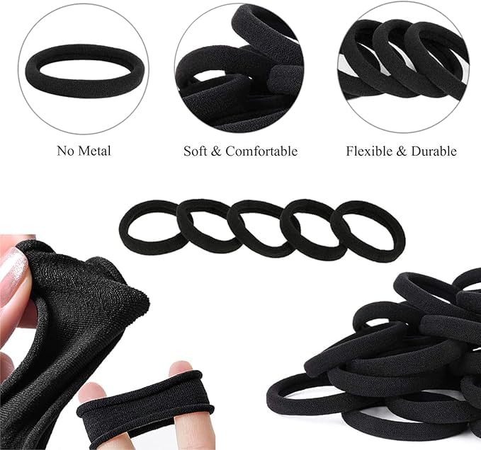 RIANZ Pack of 10 Black No Damage Hair Ties for Women Thick Hair, Large Soft Seamless Nylon Fabric Elastic Hair bands Ponytail Hair Holders Hair Elastics Band for Girls (Black Pack of 10 - Thin Design) - Image 2