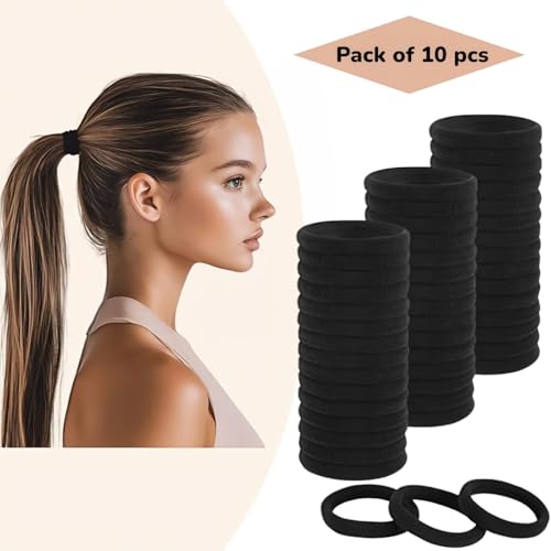 RIANZ Pack of 10 Black No Damage Hair Ties for Women Thick Hair, Large Soft Seamless Nylon Fabric Elastic Hair bands Ponytail Hair Holders Hair Elastics Band for Girls (Black Pack of 10 - Thin Design) - Image 5