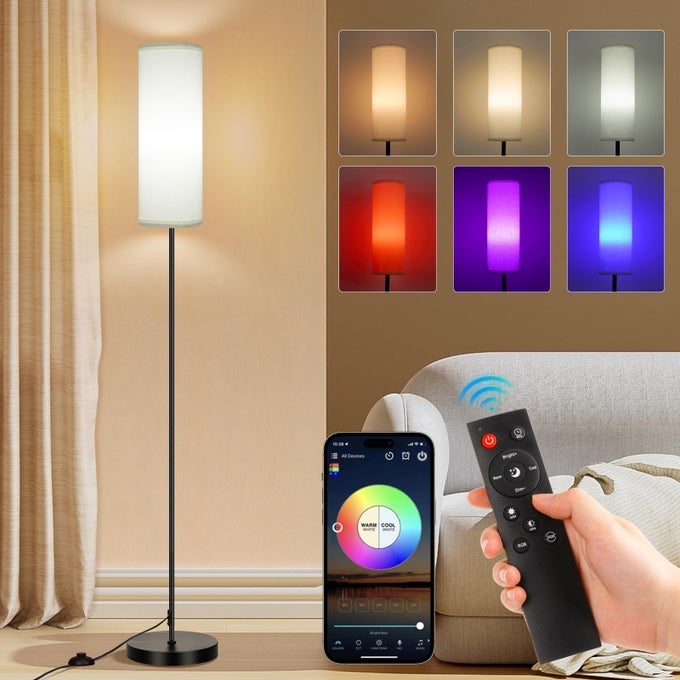 FLOOR LAMPS FOR LIVING ROOM DIMMABLE COLORS TEMPERATURE BRIGHTNESS MODERN FLOOR LAMP REMOTE TALL STANDING LAMPS FOR KID ROOM BEDROOM OFFICE WHITE LAMPSHADE 9W RGB SMART BULB