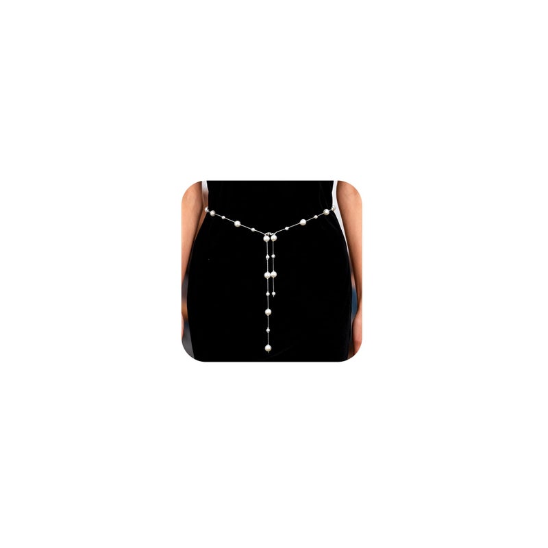 Longita Silver Chain Belt for Women Fashion Plus Size Pearl Waist Chains Metal Waist Belt Chain Trendy Adjustable Belly Belts for Women Dress - Image 1