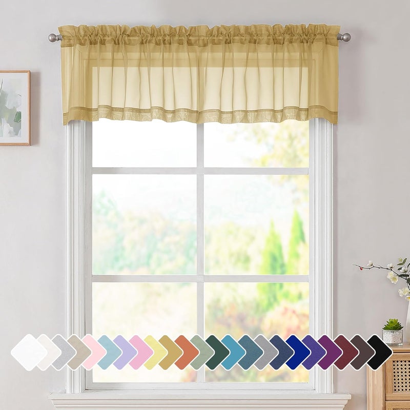 SimpleBrand Gold Sheer Valances 14 Inches Long for Living Room Pocket 2 Panel Light Filtering Sheer Translucent Valence Toppers for Window Kitchen Bathroom Bedroom Ivory 42x14 Inch Length - Image 1