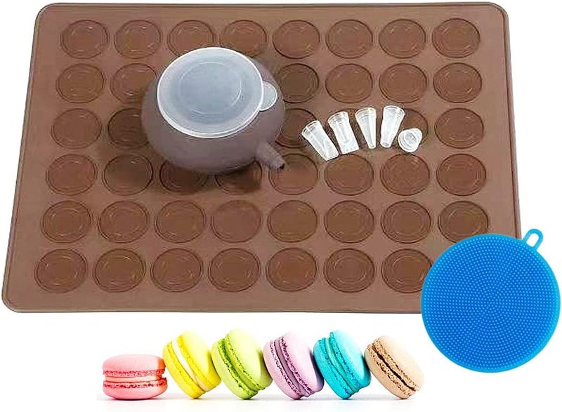 ARTIWARE Food Grade Silicone Brown color Macaron Baking Kit Tray Set w. Piping Pot 4 types of nozzles & 1 Cleaning Scrubbing pad non stick reusable Macaroon Baking Supplies - Image 1