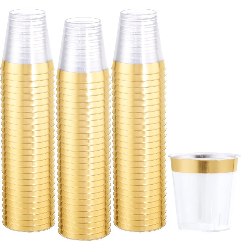 WELLIFE WELLIFE 200 PACK Plastic Clear and Gold Shot Glasses 2OZ Disposable Shot Glasses Small Hard Plastic Tumblers Gold Tasting Sampling Cups Mini Container Perfect for Whiskey for Party