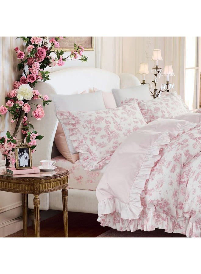 Brandream French Country Toile Queen Duvet Cover Set for Girl Women Bedroom Vintage Pink Toile Floral Print 100% Cotton Duvet Quilt Comforter Cover Pillow Shams Set with Delicate Ruffle Fringe - Image 1