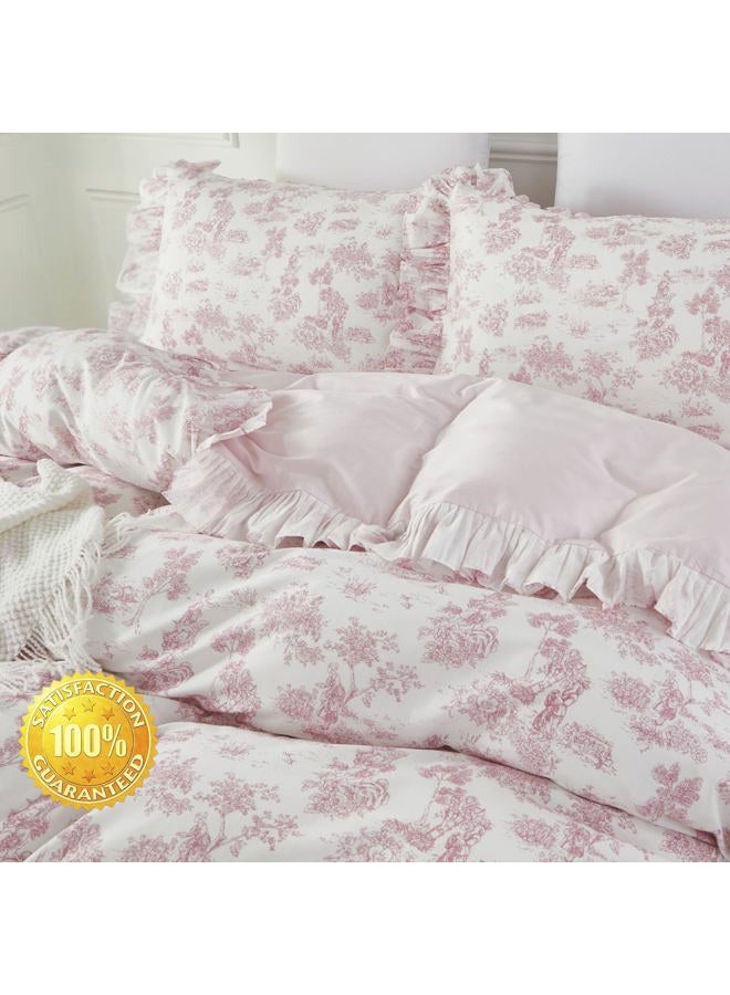 Brandream French Country Toile Queen Duvet Cover Set for Girl Women Bedroom Vintage Pink Toile Floral Print 100% Cotton Duvet Quilt Comforter Cover Pillow Shams Set with Delicate Ruffle Fringe - Image 3