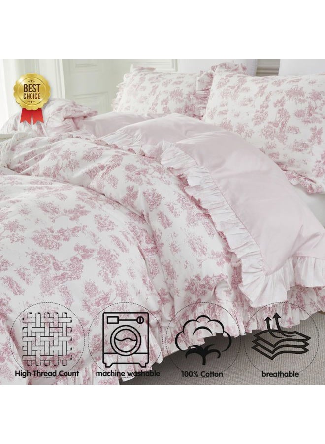 Brandream French Country Toile Queen Duvet Cover Set for Girl Women Bedroom Vintage Pink Toile Floral Print 100% Cotton Duvet Quilt Comforter Cover Pillow Shams Set with Delicate Ruffle Fringe - Image 5