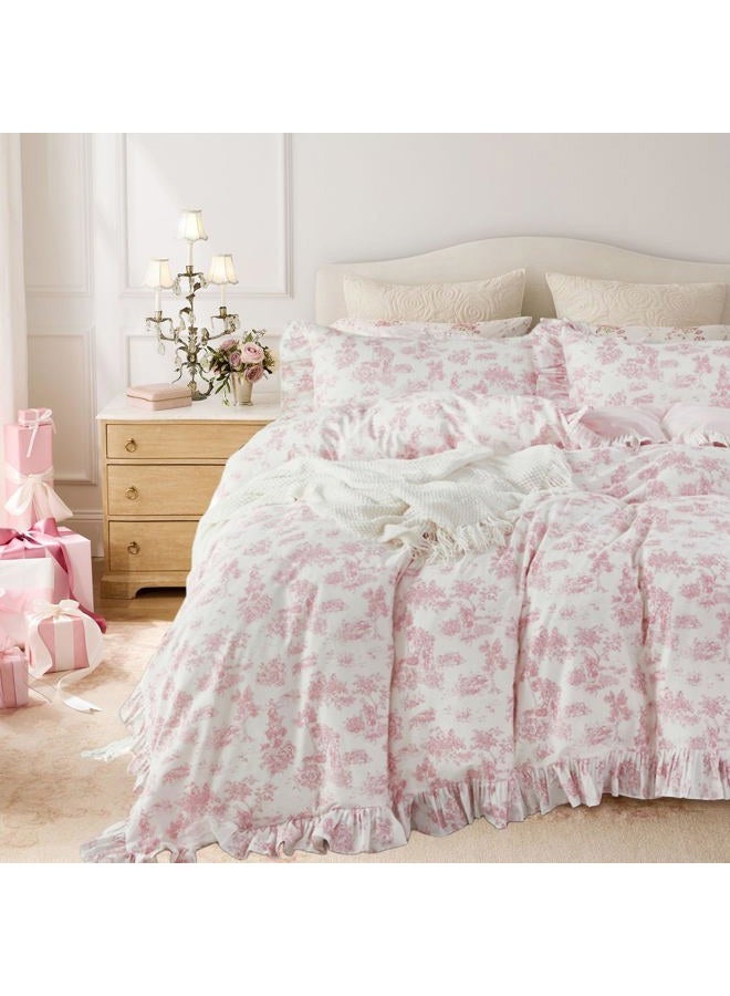 Brandream French Country Toile Queen Duvet Cover Set for Girl Women Bedroom Vintage Pink Toile Floral Print 100% Cotton Duvet Quilt Comforter Cover Pillow Shams Set with Delicate Ruffle Fringe - Image 4
