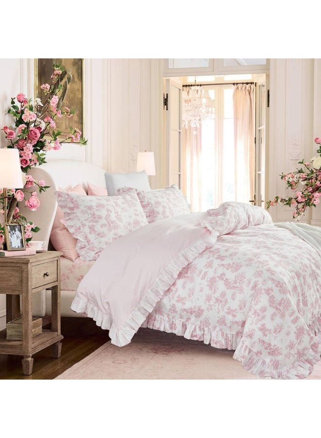 Brandream French Country Toile Queen Duvet Cover Set for Girl Women Bedroom Vintage Pink Toile Floral Print 100% Cotton Duvet Quilt Comforter Cover Pillow Shams Set with Delicate Ruffle Fringe - Image 2