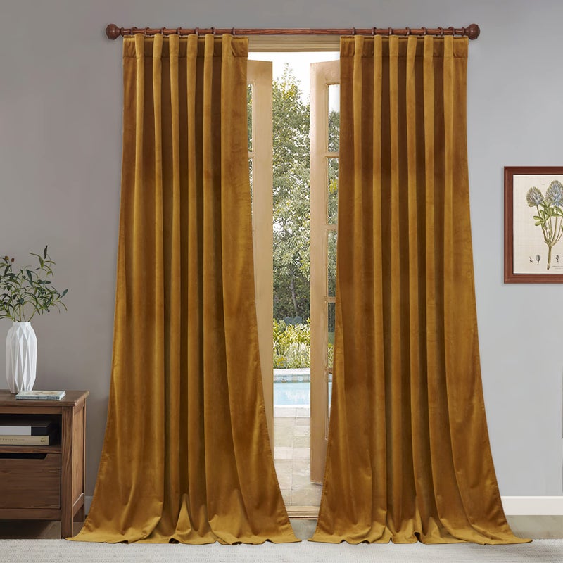 StangH Velvet Curtains Mustard Gold  96 inches Living Room Back Tab Window Curtains Super Soft Vintage Decor Drapes Light Blocking Thermal Insulated Sliding Door Curtains W52 x L96 2 Panels