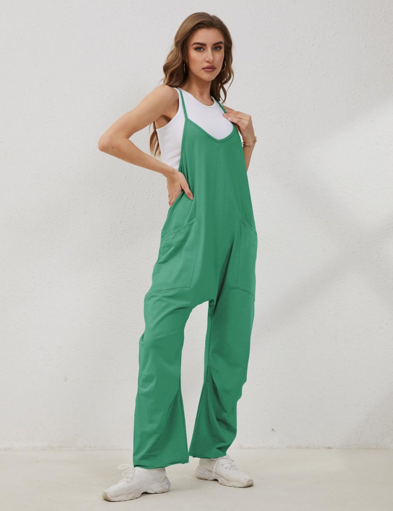 Lentta Women's Causal Jumpsuits V Neck Sleeveless Harem Overalls Stretchy Adjustable Strap Romper with Pockets(Green-S) - Image 5
