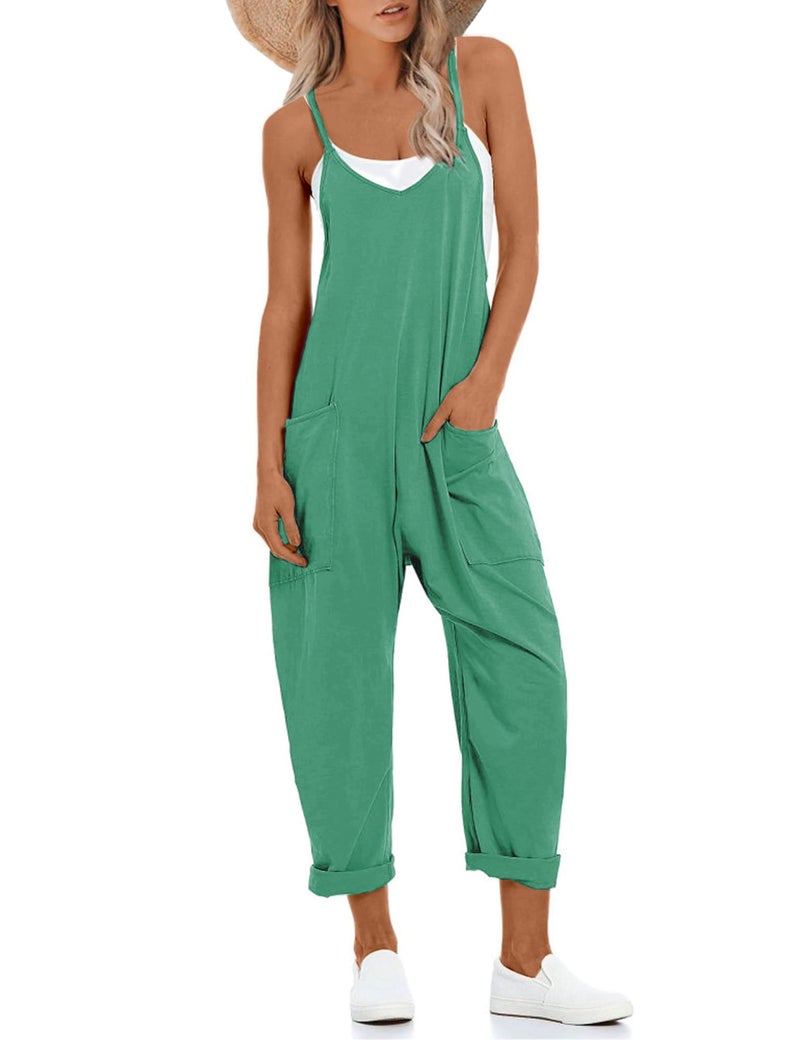 Lentta Women's Causal Jumpsuits V Neck Sleeveless Harem Overalls Stretchy Adjustable Strap Romper with Pockets(Green-S) - Image 1