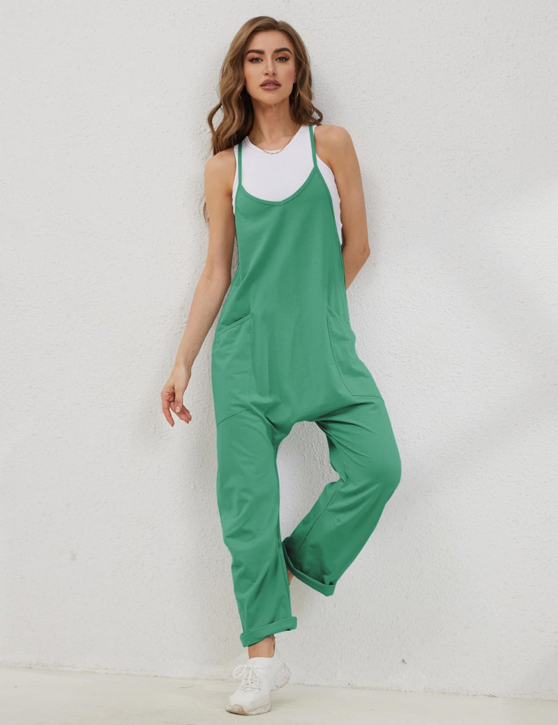 Lentta Women's Causal Jumpsuits V Neck Sleeveless Harem Overalls Stretchy Adjustable Strap Romper with Pockets(Green-S) - Image 2