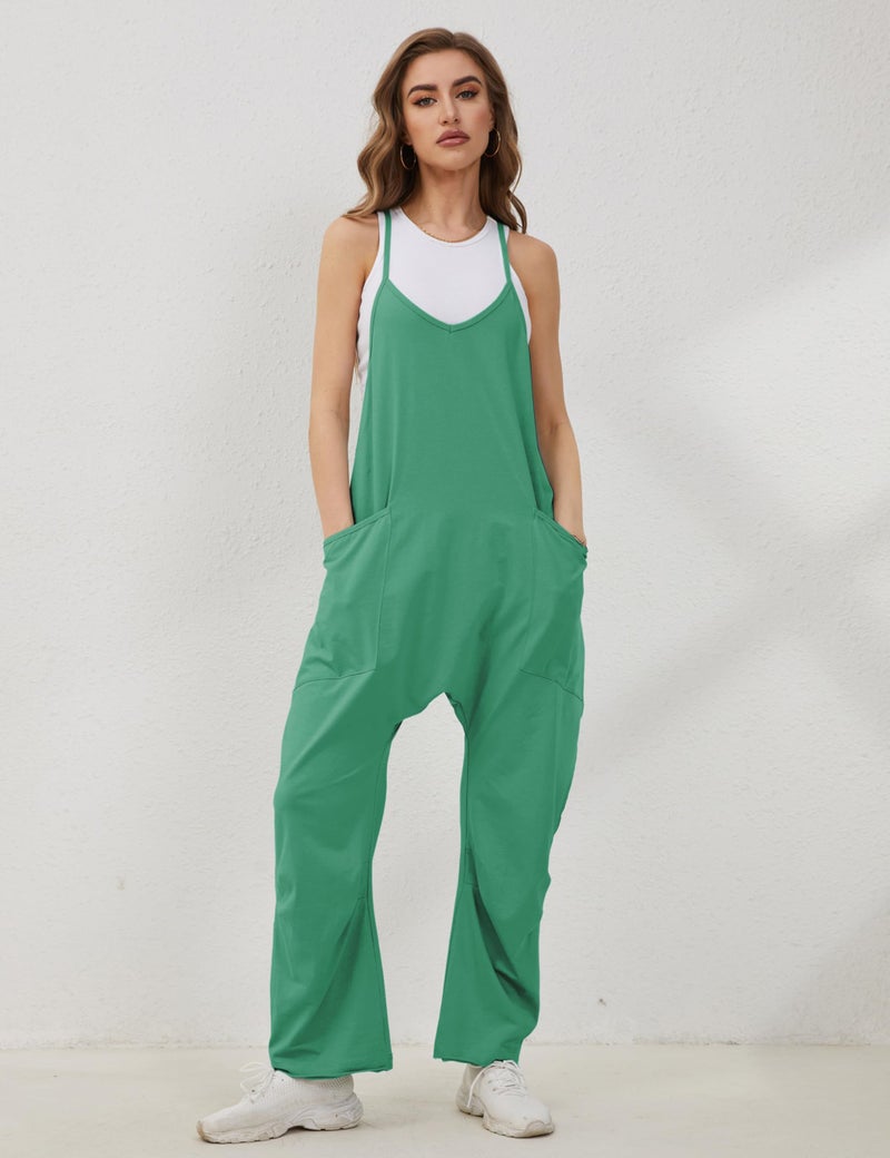 Lentta Women's Causal Jumpsuits V Neck Sleeveless Harem Overalls Stretchy Adjustable Strap Romper with Pockets(Green-S) - Image 3