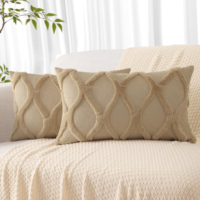 decorUhome Summer Throw Pillow Covers 12x20 Inch Set of 2 Soft Plush Faux Fur Wool Lumbar Khaki Accent Couch Pillow Covers for Modern Farmhouse Bed Sofa Living Room - Image 2