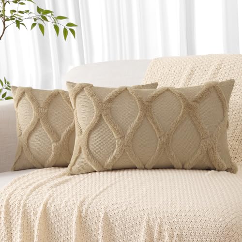 decorUhome Summer Throw Pillow Covers 12x20 Inch Set of 2 Soft Plush Faux Fur Wool Lumbar Khaki Accent Couch Pillow Covers for Modern Farmhouse Bed Sofa Living Room - Image 1