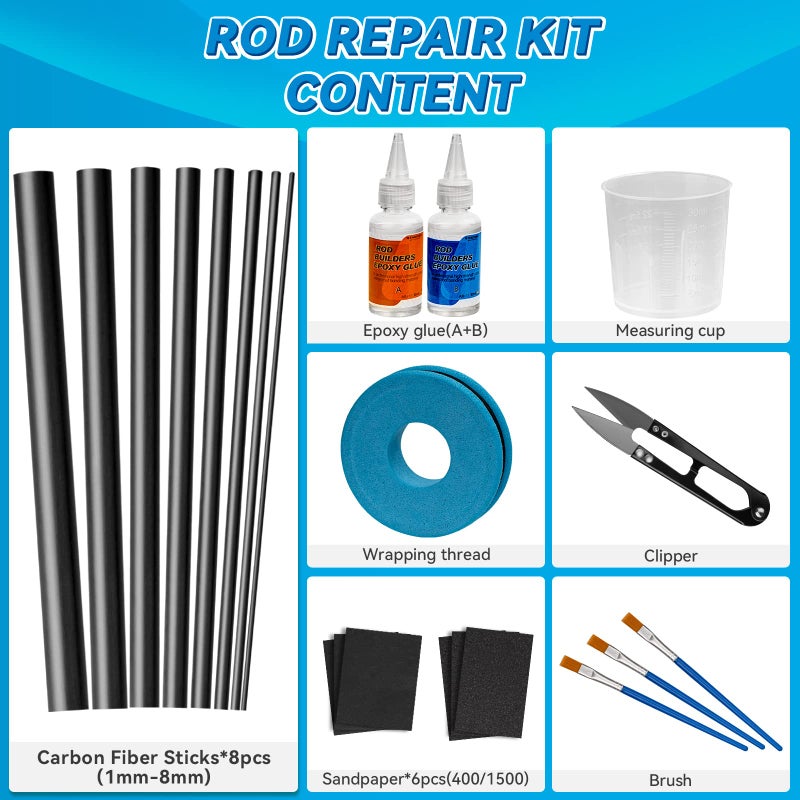 THKFISH Fishing Rod Repair Kit with Carbon Fiber Sticks Rod Tips Repair kit Rod Eyelet Replacement kit Pole Repair Kit Complete for Rod Building Supplies - Image 2
