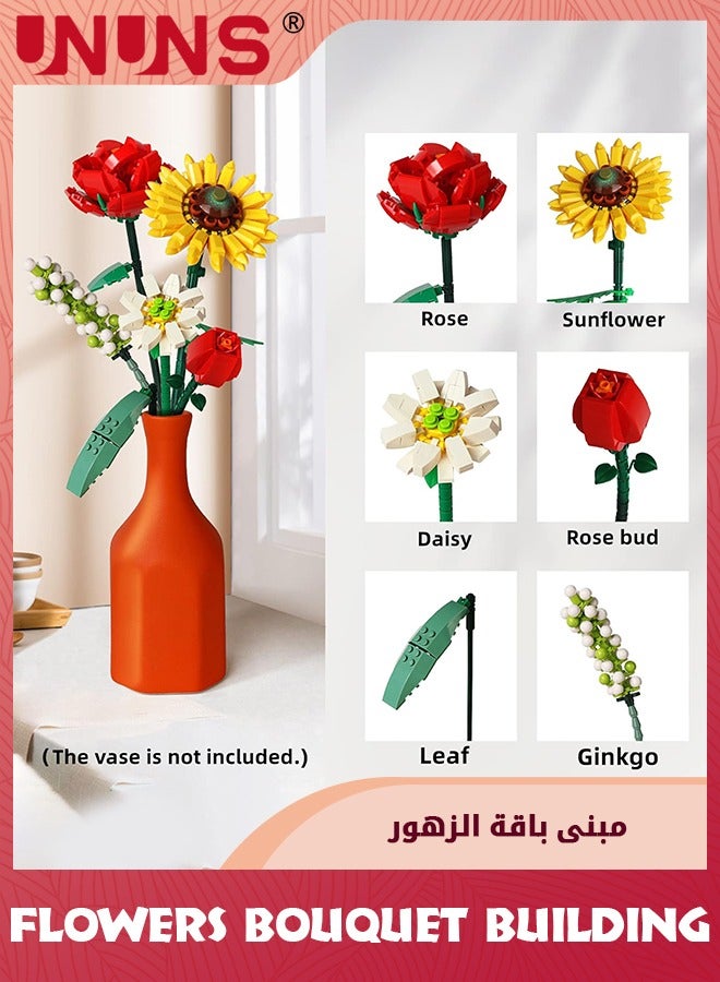 UNUNS مكعبات بناء باقة الزهور، مجموعة بناء باقة الزهور الاصطناعية الإبداعية، مجموعات ألعاب إبداعية لعباد الشمس، هدايا الذكرى السنوية لعيد الميلاد للفتيات البالغات والصديقات ديكور المنزل، 568 قطعة - Image 4