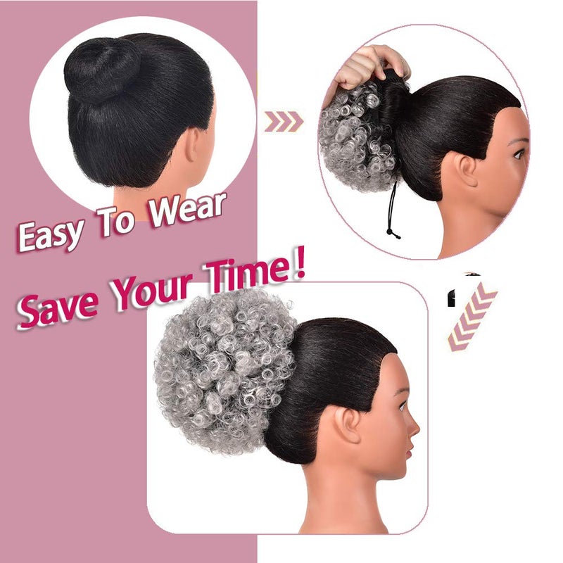rosmile Afro Puff Drawstring Ponytail Extension for Black Women, Premium Ombre Gray #1BT0906 80 Gram Short Synthetic Afro Puff Ponytail for Natural Hair, Clip On Kinky Drawstring Curly Ponytail Bun - Image 3