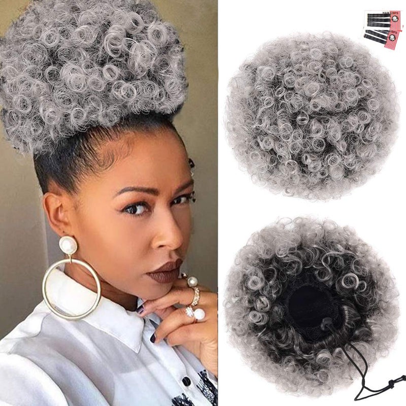rosmile Afro Puff Drawstring Ponytail Extension for Black Women, Premium Ombre Gray #1BT0906 80 Gram Short Synthetic Afro Puff Ponytail for Natural Hair, Clip On Kinky Drawstring Curly Ponytail Bun - Image 1