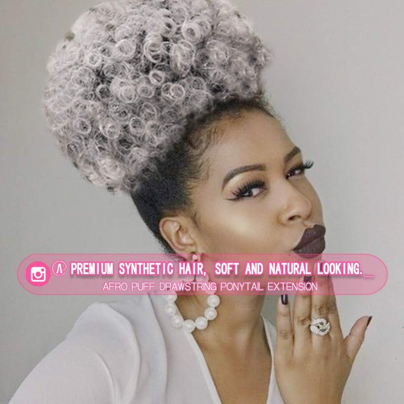 rosmile Afro Puff Drawstring Ponytail Extension for Black Women, Premium Ombre Gray #1BT0906 80 Gram Short Synthetic Afro Puff Ponytail for Natural Hair, Clip On Kinky Drawstring Curly Ponytail Bun - Image 2
