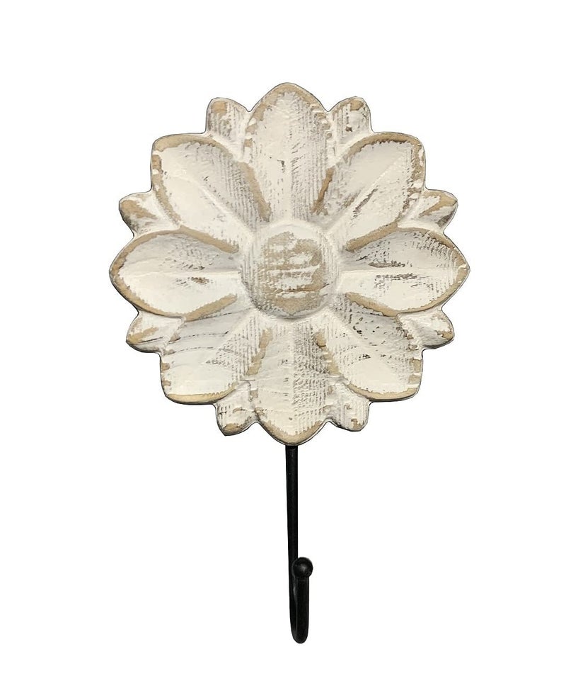 dwellington Decorative Boho Flower Towel Hooks, White Distressed Wood Hanging Hooks, Farmhouse Boho Coat Rack Hooks for Hanging Things, Towels, Purse - Image 1