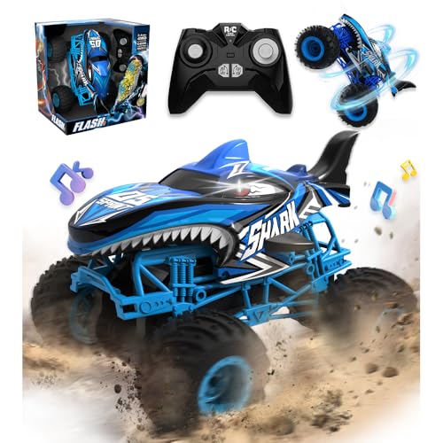BEZGAR Remote Control Monster Truck Shark Monster Truck Toys with 360 Spins and Drifting 116 Scale RC Car with Light and Music Remote Control Car for Boys 47 Kids Christmas Birthday Gifts - Image 1