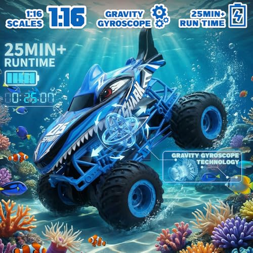 BEZGAR Remote Control Monster Truck Shark Monster Truck Toys with 360 Spins and Drifting 116 Scale RC Car with Light and Music Remote Control Car for Boys 47 Kids Christmas Birthday Gifts - Image 5