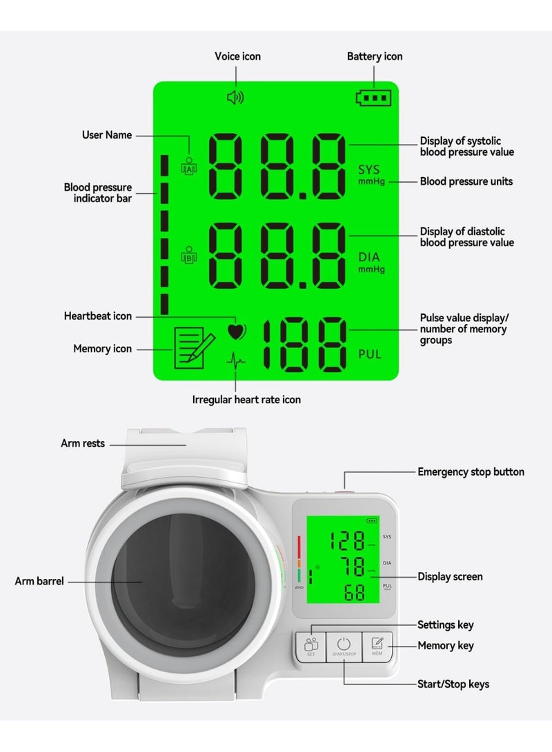 BlueFire Large Backlit Screen Automatic Upper Arm Blood Pressure Monitor – Professional Home BP Machine with Voice Broadcast, 2-User Mode, 99 Memory Storage, Fast 5s Reading, No-Tie Cuff & Mobile Boom Design (White) - Image 4