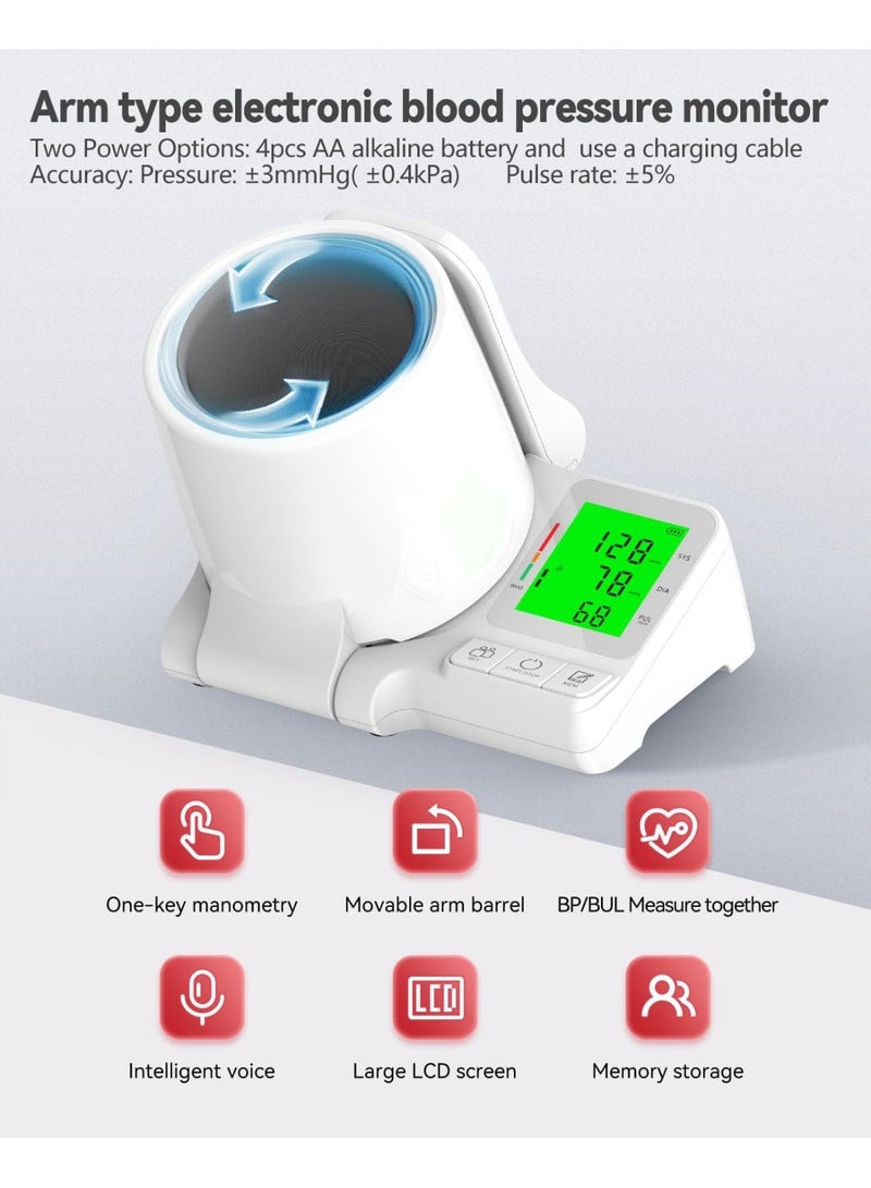 BlueFire Large Backlit Screen Automatic Upper Arm Blood Pressure Monitor – Professional Home BP Machine with Voice Broadcast, 2-User Mode, 99 Memory Storage, Fast 5s Reading, No-Tie Cuff & Mobile Boom Design (White) - Image 2
