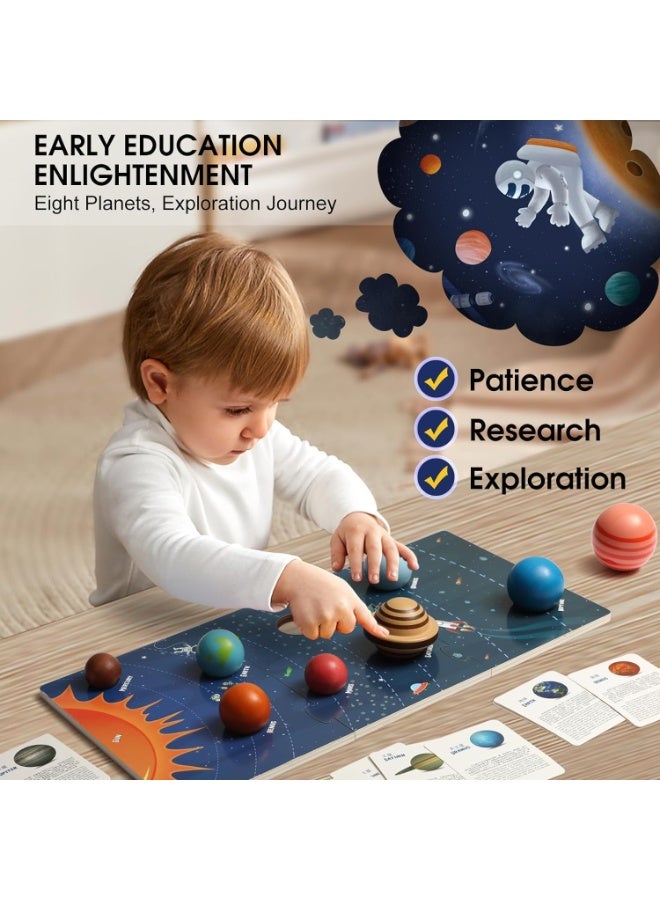 Soofam Wooden Solar System Model Board, Montessori Toys Planets Puzzle Science STEM Space Learning for Kids 4-8 with 3D Planets Models,Space Knowledge Flash Cards Learning Toys for Boys Girls - Image 4
