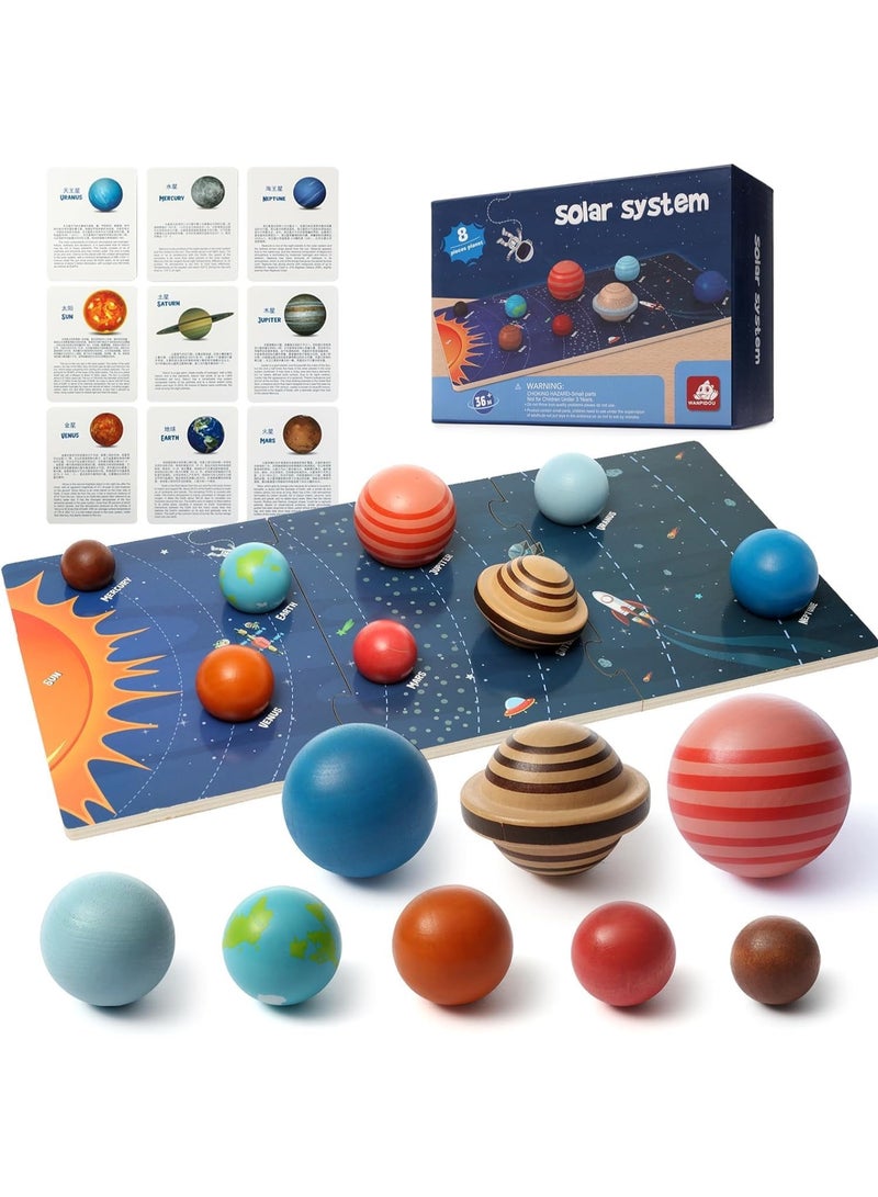 Soofam Wooden Solar System Model Board, Montessori Toys Planets Puzzle Science STEM Space Learning for Kids 4-8 with 3D Planets Models,Space Knowledge Flash Cards Learning Toys for Boys Girls - Image 1