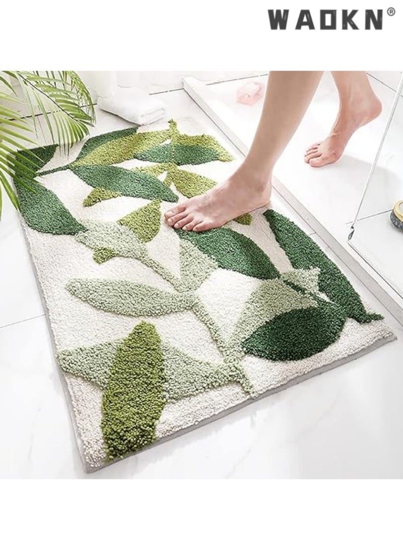 WAOKN Non-Slip Bath Mat, 50 x 80 cm Green Leaf Bathroom Floor Mat Super Soft and Water Absorbent, Machine Washable Microfiber Bathroom Rug for Bathroom, Shower, Bedroom, Kitchen, Doorway - Image 1