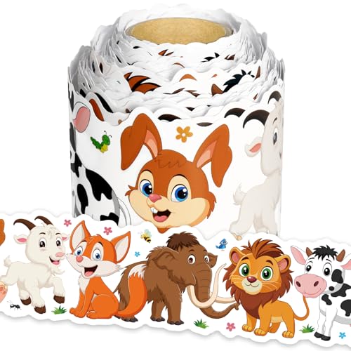 Leezead 65.6Ft Jungle Animals Bulletin Board Borders, Cute Jungle Farm Animal Theme Die Cut Trim Border Roll Lion Rhino Fox Bulletin Board Trim for Home Office Back to School Classroom Chalkboard Wall Decor - Image 1