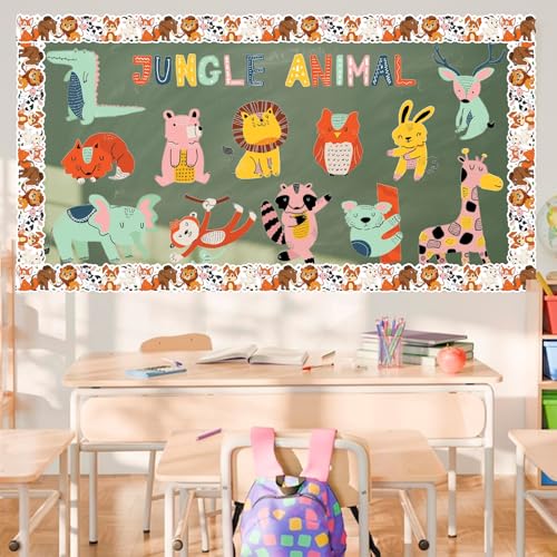 Leezead 65.6Ft Jungle Animals Bulletin Board Borders, Cute Jungle Farm Animal Theme Die Cut Trim Border Roll Lion Rhino Fox Bulletin Board Trim for Home Office Back to School Classroom Chalkboard Wall Decor - Image 2