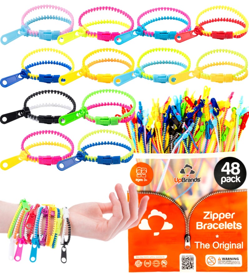 UpBrands 48 Fidget Toys Friendship Zipper Bracelets 7 Party Favors for Kids Sensory Bulk Set Neon Colors Kit for Valentines Birthday Goodie Bag Easter Egg Basket Stuffers Pinata Fillers - Image 3