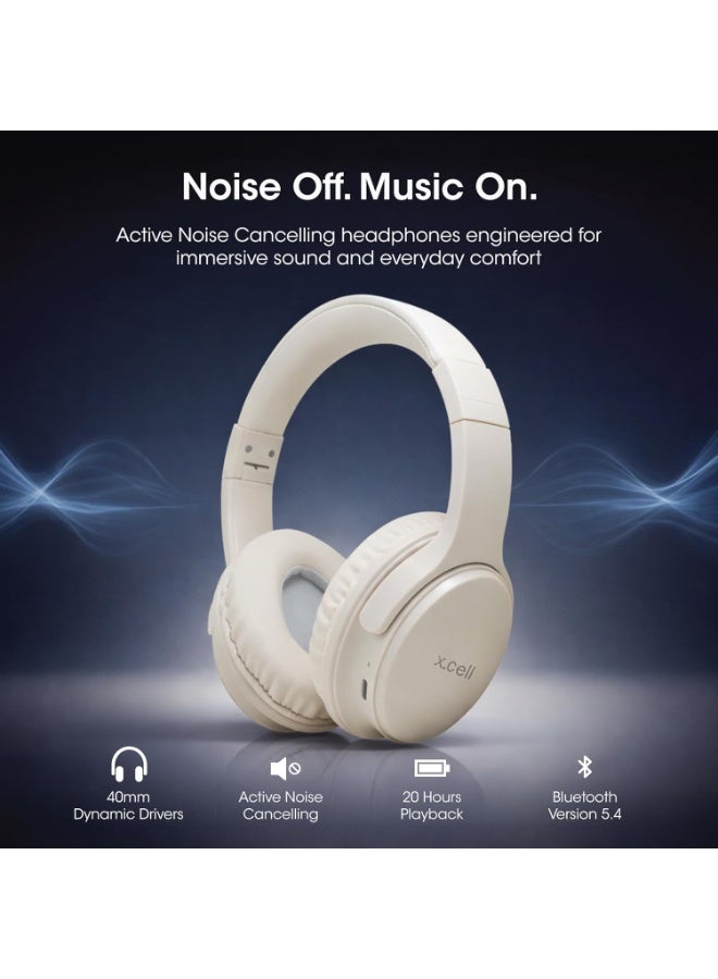 Xcell HS315-ANC Active Noise Cancelling Wireless Headphones | 20 Hours Playback | 40mm Dynamic Drivers | Foldable Design | Type-C Charging | Hands-Free Calling | 200 Hours Standby- Beige - Image 2