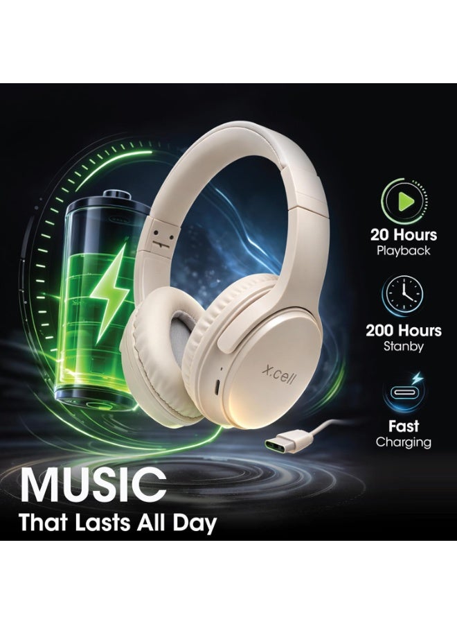 Xcell HS315-ANC Active Noise Cancelling Wireless Headphones | 20 Hours Playback | 40mm Dynamic Drivers | Foldable Design | Type-C Charging | Hands-Free Calling | 200 Hours Standby- Beige - Image 5