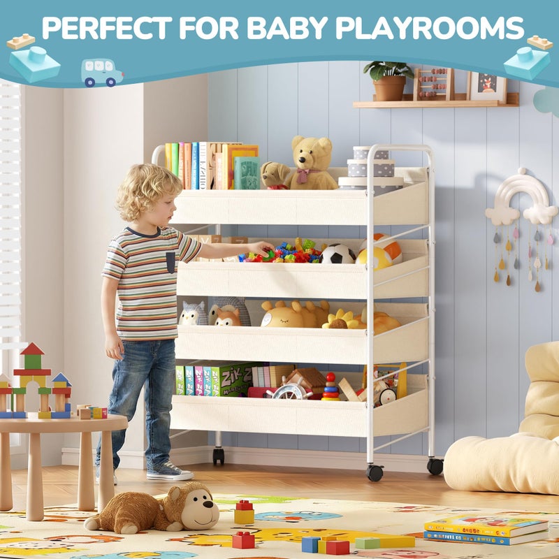 Oneyus Kids Toy Storage Organizer with 4 Shelves and Wheels,White-Supersized Toy Storage Shelf for Toddlers Ideal for Kids' Rooms,and Nurseries,Toddler Furniture for Boys and Girls Ages - Image 5